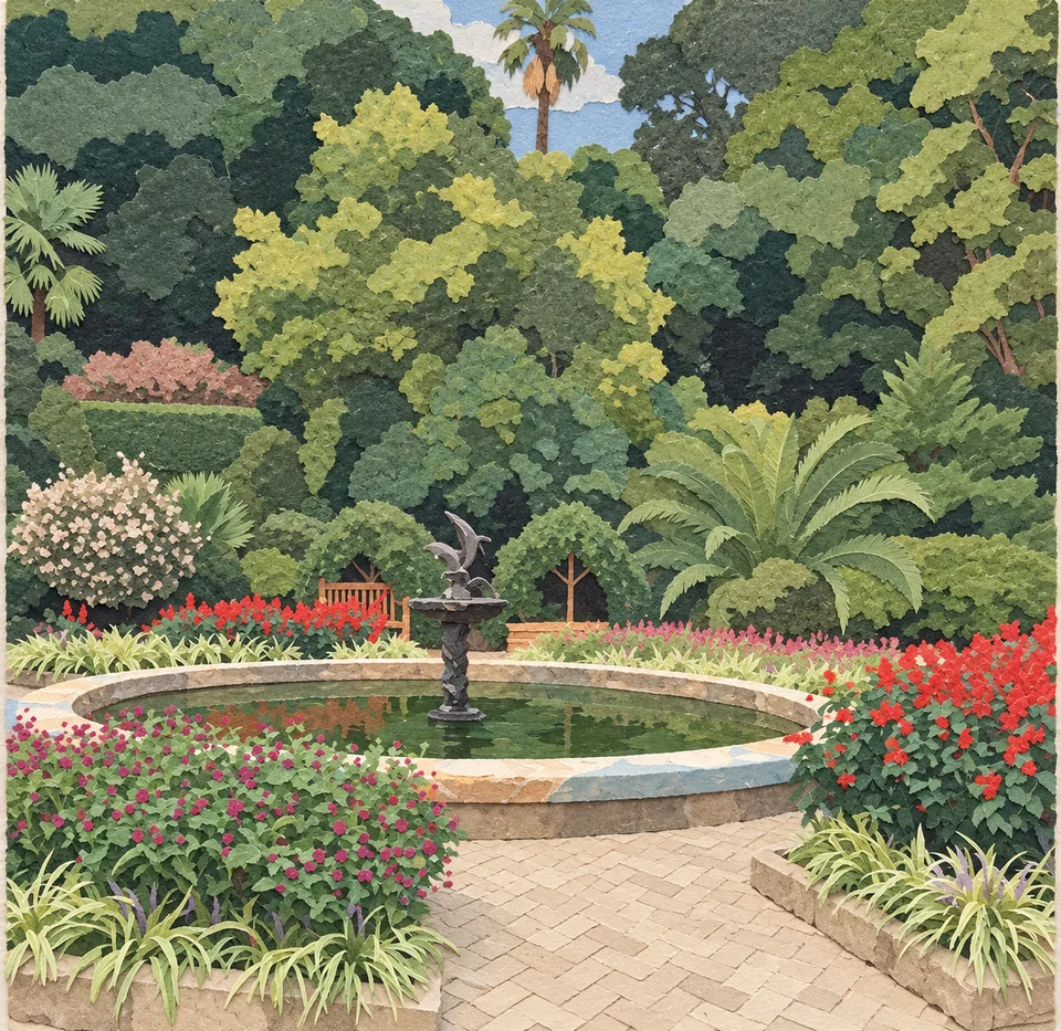Parterre fleuri et fontaine dans le jardin botanique de Batoumi.