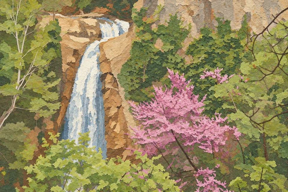Cascada y árbol en flor en el Jardín Botánico de Tiflis.