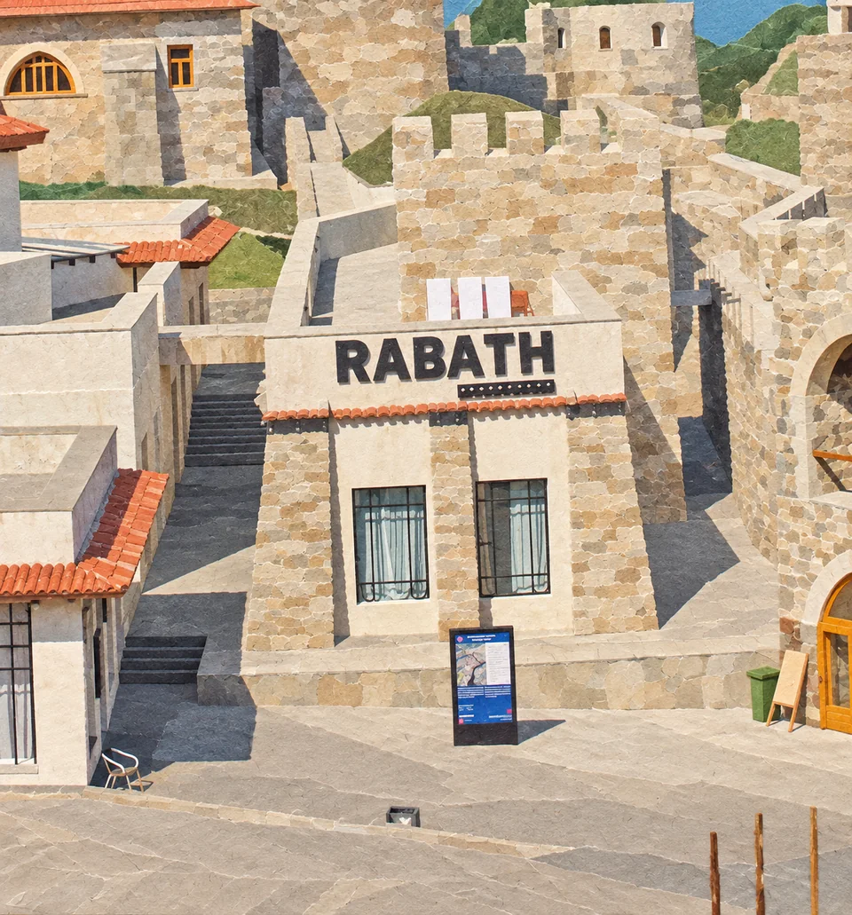 Vue sur le château de Rabati à Akhaltsikhé, avec des bâtiments autour d’une cour pavée et une façade centrale portant l’inscription RABATH.