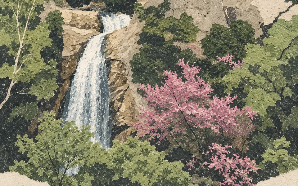 Cascada entre los árboles del Jardín Botánico de Tiflis