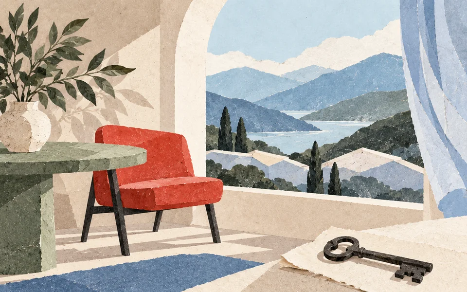 Collage de papel de una silla roja, una mesa verde, una ventana arqueada y una llave