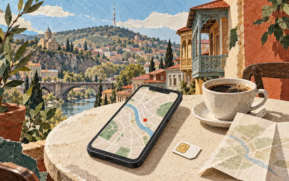 Collage en papier représentant un téléphone, une carte SIM et un plan de ville près d’un balcon de Tbilissi