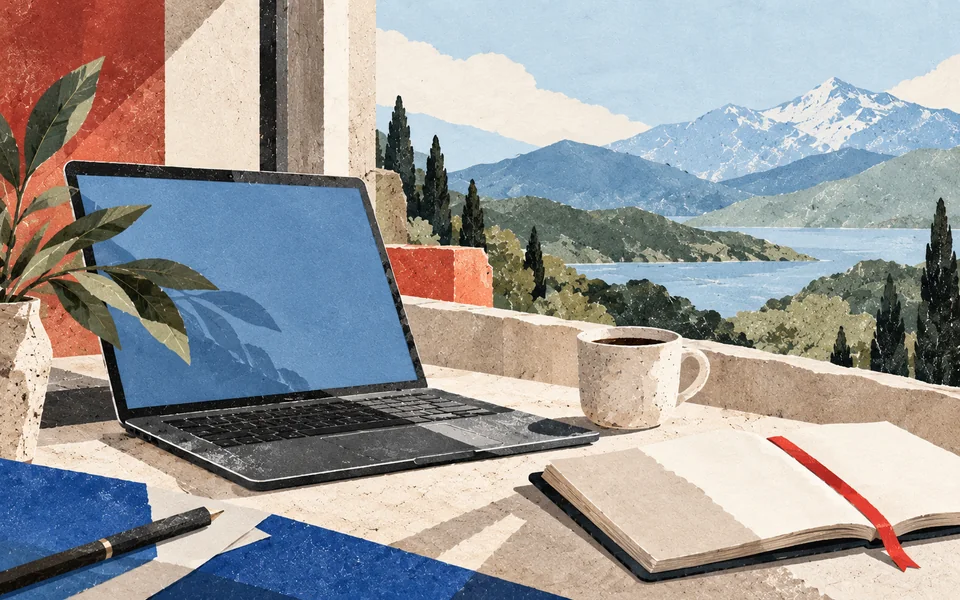 Collage en papier représentant un ordinateur portable, un carnet vierge et une tasse près d’une fenêtre ouverte