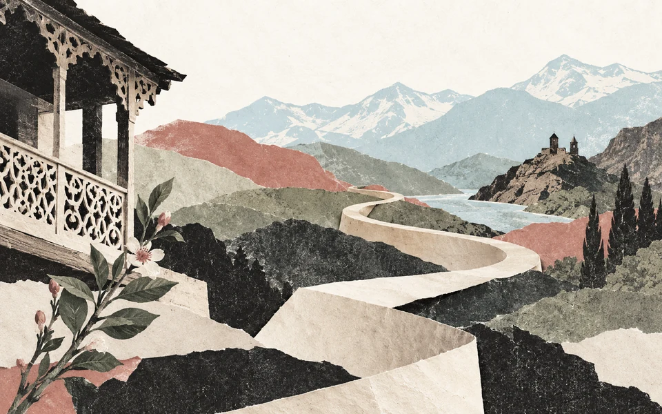 Collage éditorial représentant un itinéraire plié, des silhouettes de montagnes et un détail de balcon en bois