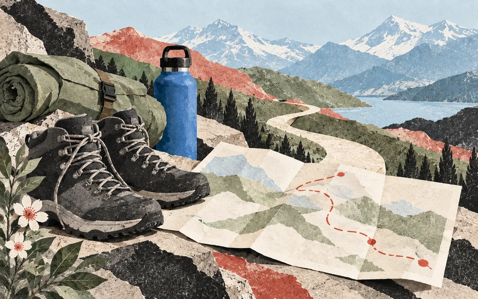 Collage en papier représentant des chaussures de marche, une gourde, une couverture roulée et un itinéraire plié