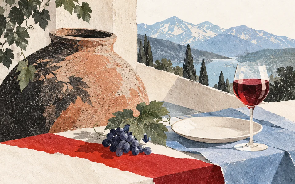 Collage en papier représentant un récipient qvevri, des raisins, une assiette et un verre de vin rouge