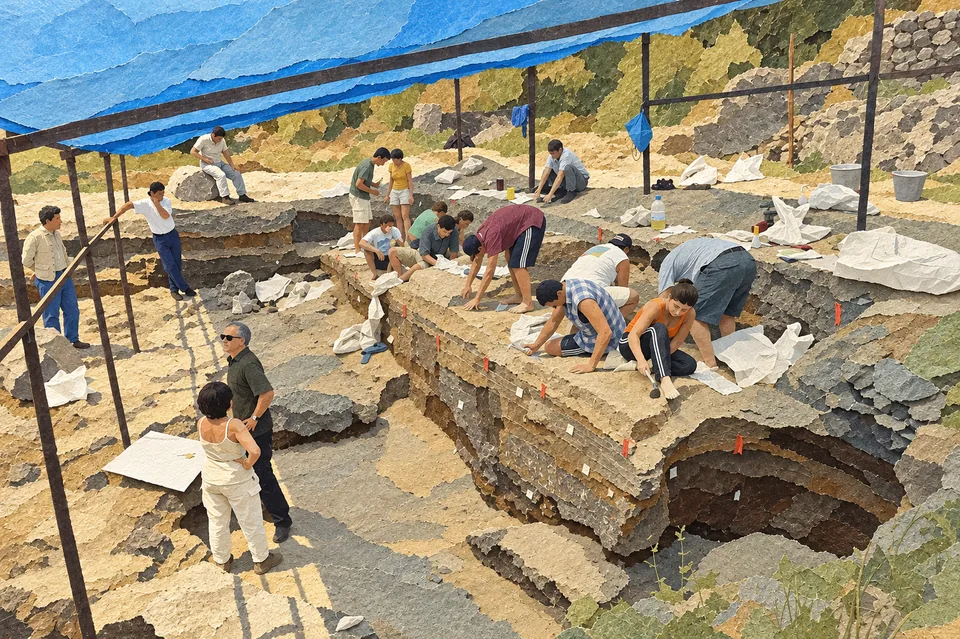 Archeologové pracují na vykopávkách v Dmanisi pod modrým přístřeškem.
