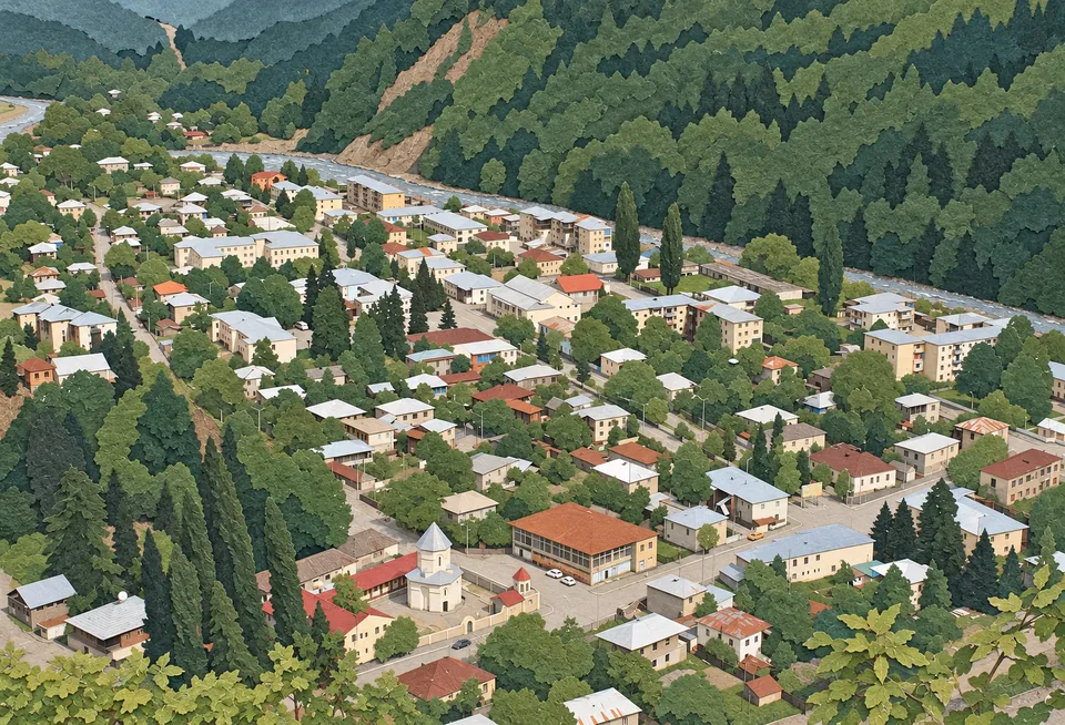 Město Lentechi v zalesněném údolí Dolního Svaneti.