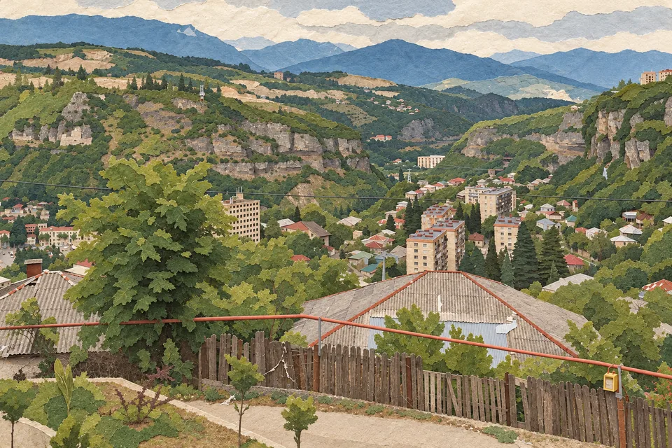 Strmé zelené údolí Chiatury a vrstvené panorama města.
