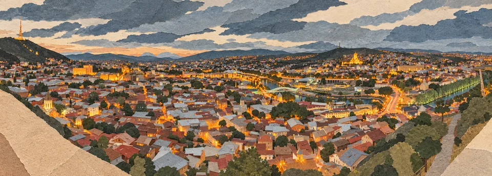 Vista nocturna de Tiflis, con el río y las luces de la ciudad debajo.