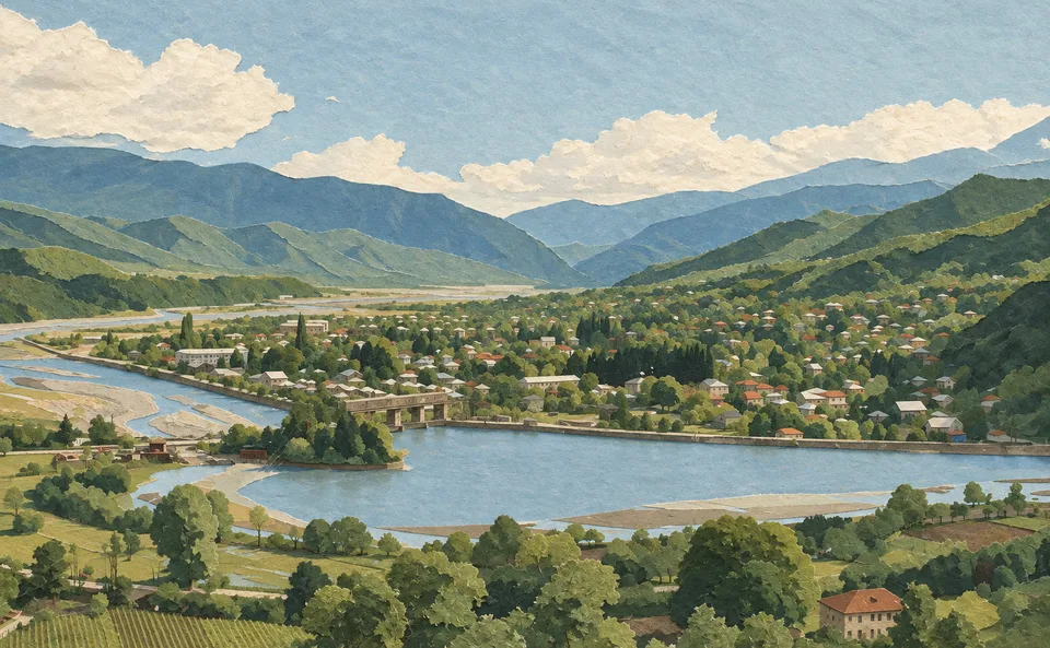 Pohled na Tsageri v Gruzii