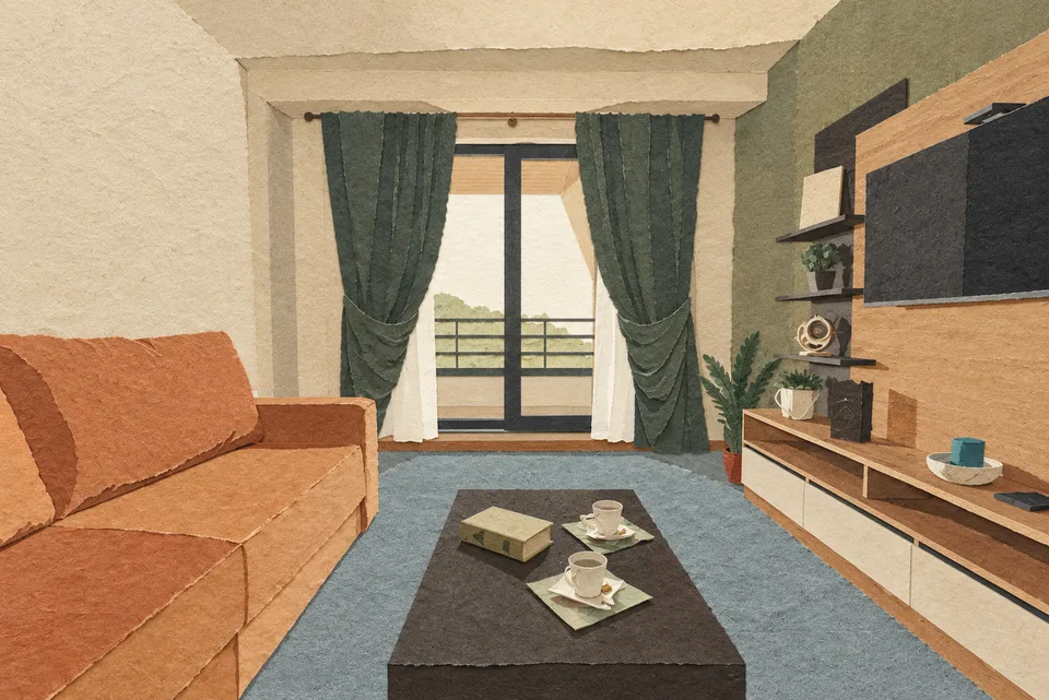 Salón de un apartamento con sofá, mesa de centro y puertas al balcón.