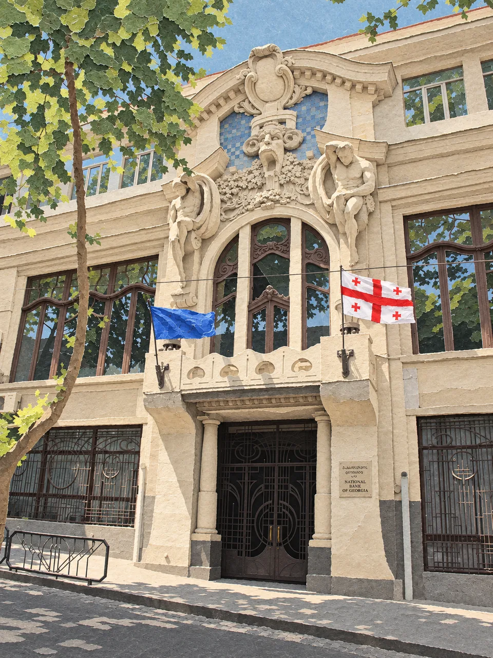 Budova Národní banky Gruzie v ulici Giorgiho Leonidze v Tbilisi.