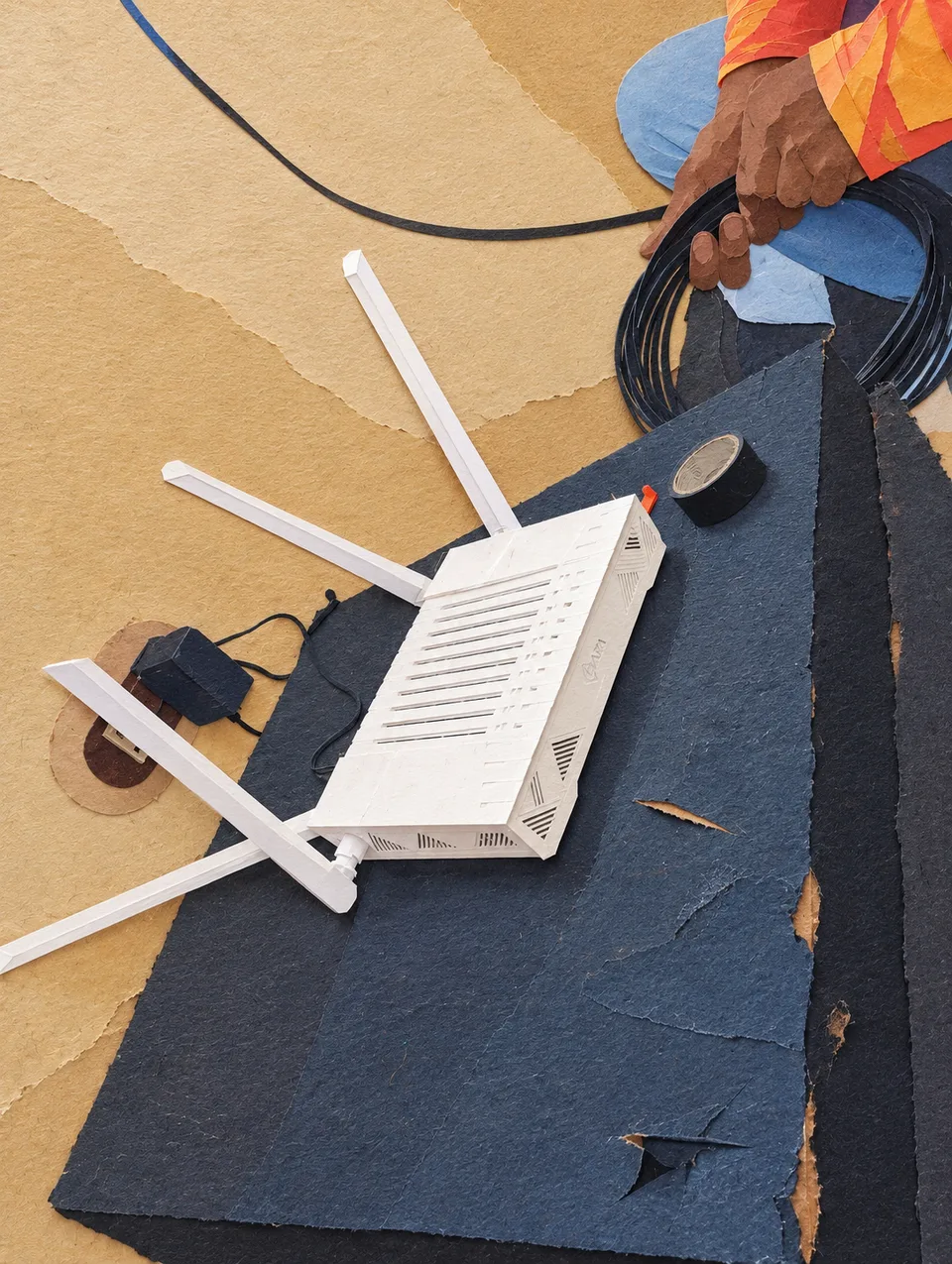 Internetový router s připojeným kabelem.