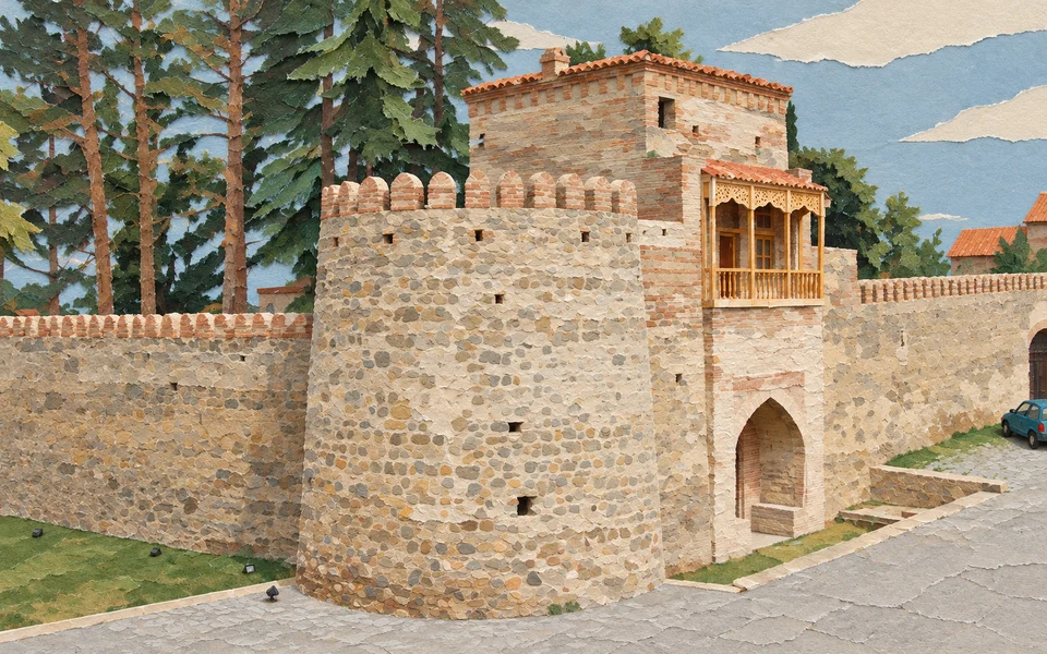 Kamenná věž a dřevěná veranda paláce krále Erekla II. v Telavi.