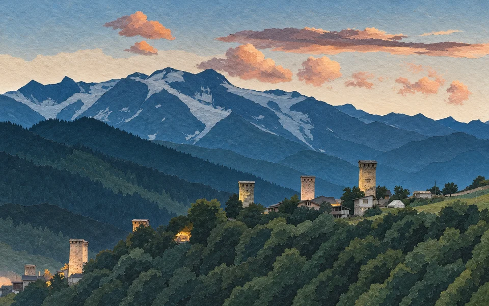 Kamenné věže a horské svahy v Mestii v modrém večerním světle.
