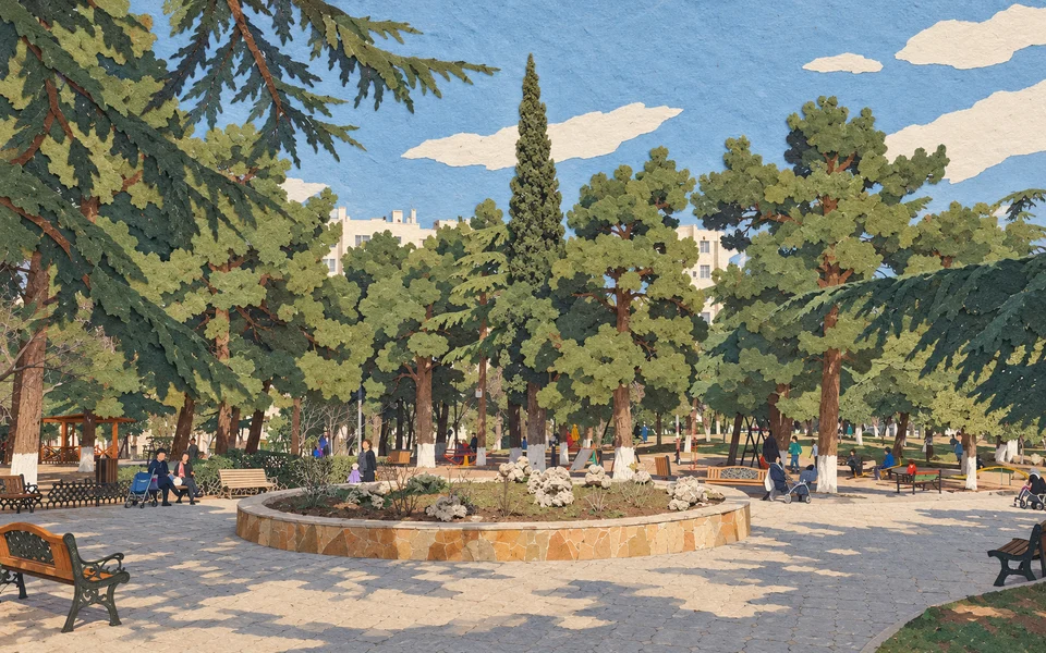 Park Vera v Tbilisi s nízkým kruhovým kamenným květináčem, stromy a lavičkami.