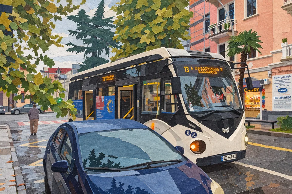 Elektrický autobus linky 13 v ulici Vakhtanga Gorgasali v Batumi.
