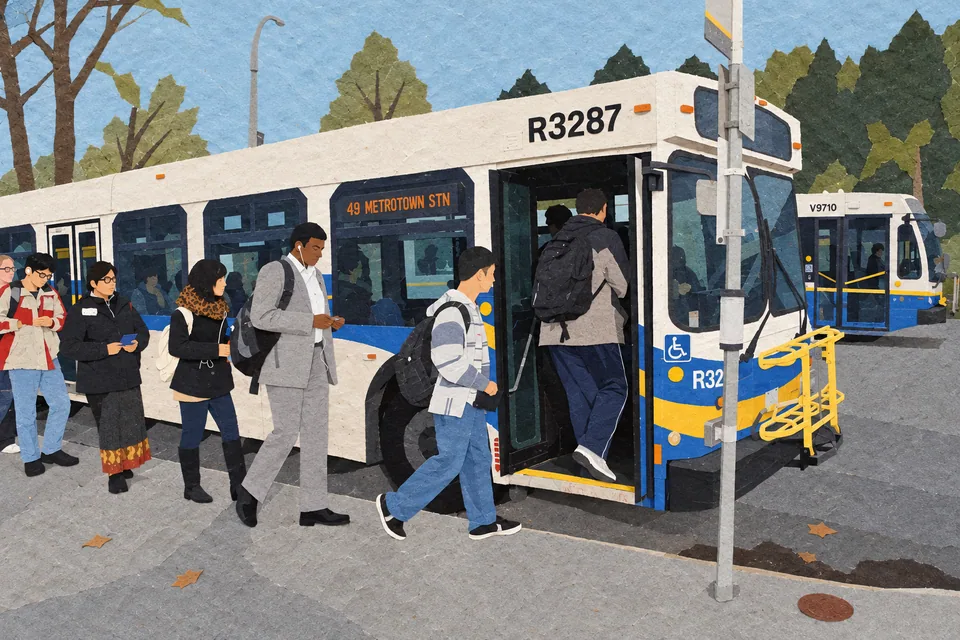 Lidé nastupují do běžného městského autobusu. Snímek nezobrazuje Gruzii ani společnost Citybus.